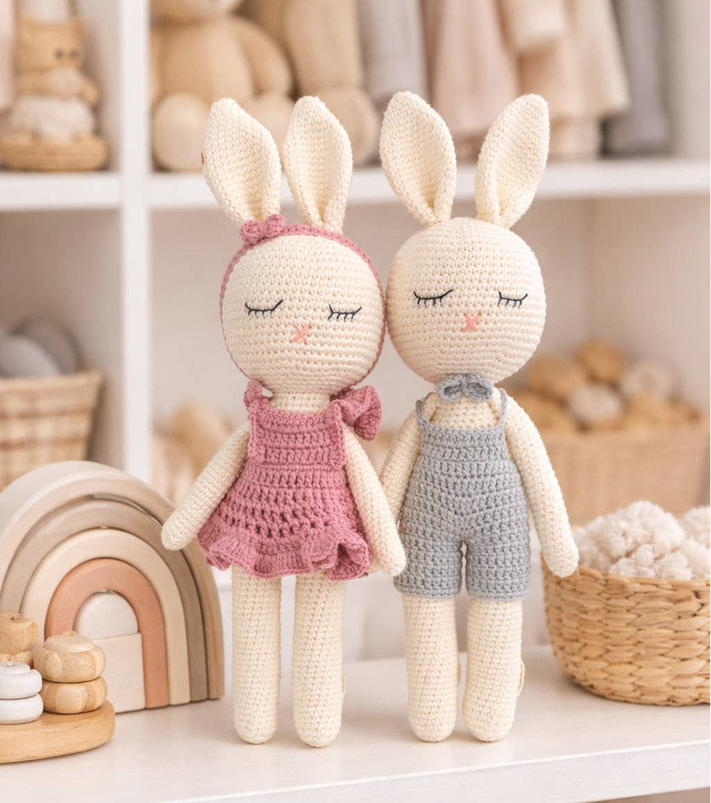 Sleepy Crochet Bunny Doll Standing Ears: Boy bunny Doll w/Gray Pants