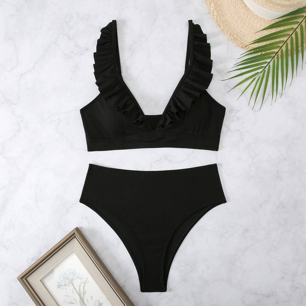 High-Waisted V-Neck Ruffled Bikini Swimsuit_CWMW0200: White / (L) 1