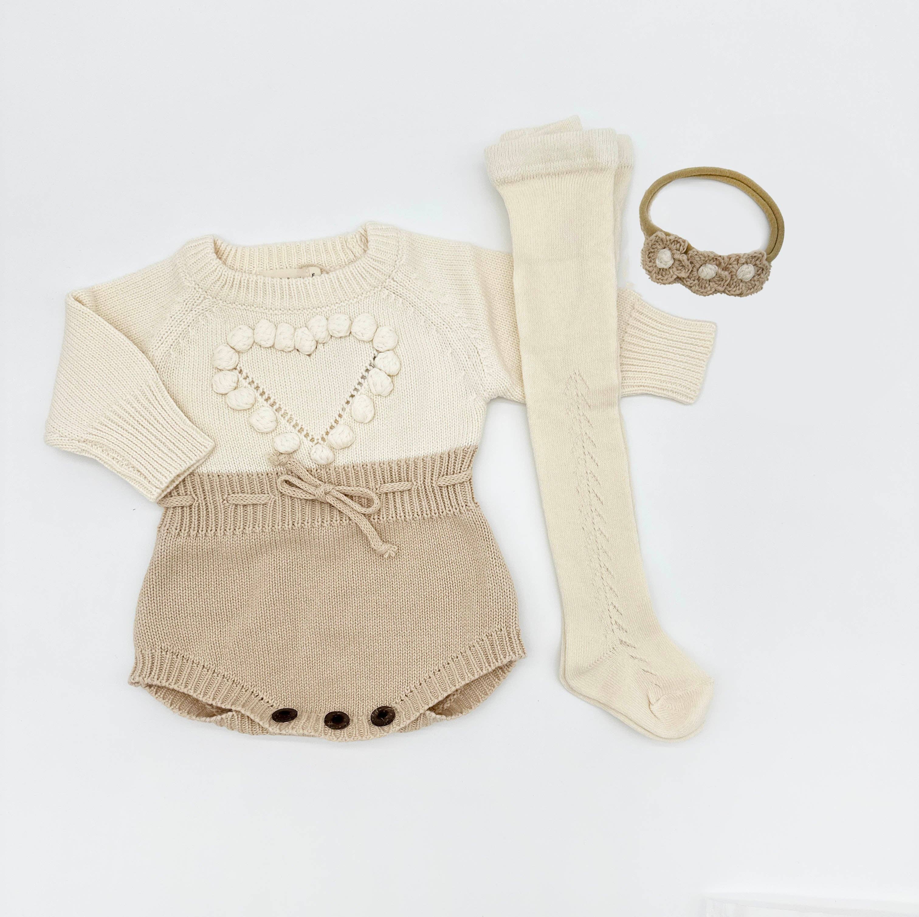 Cream Heart Romper Set: 2pc Romper +Bow