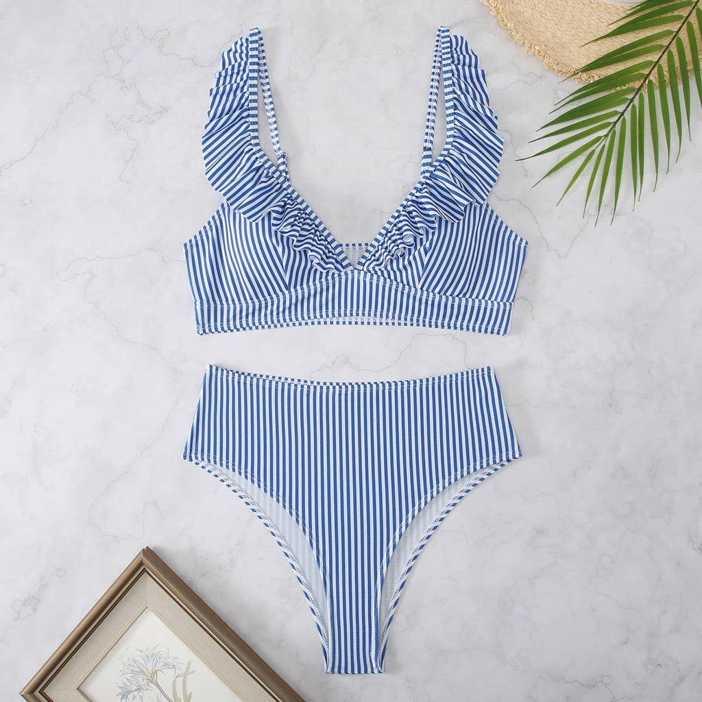 High-Waisted V-Neck Ruffled Bikini Swimsuit_CWMW0200: White / (L) 1