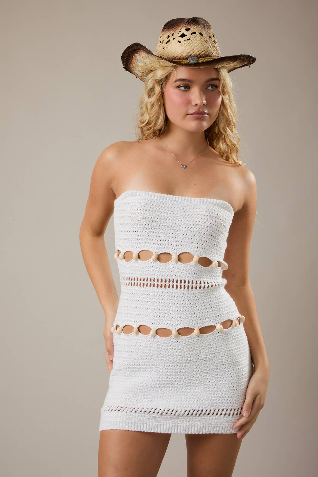 SEA SHELL DETAIL CROCHET EFFECT SWEATER TUBE MINI DRESS