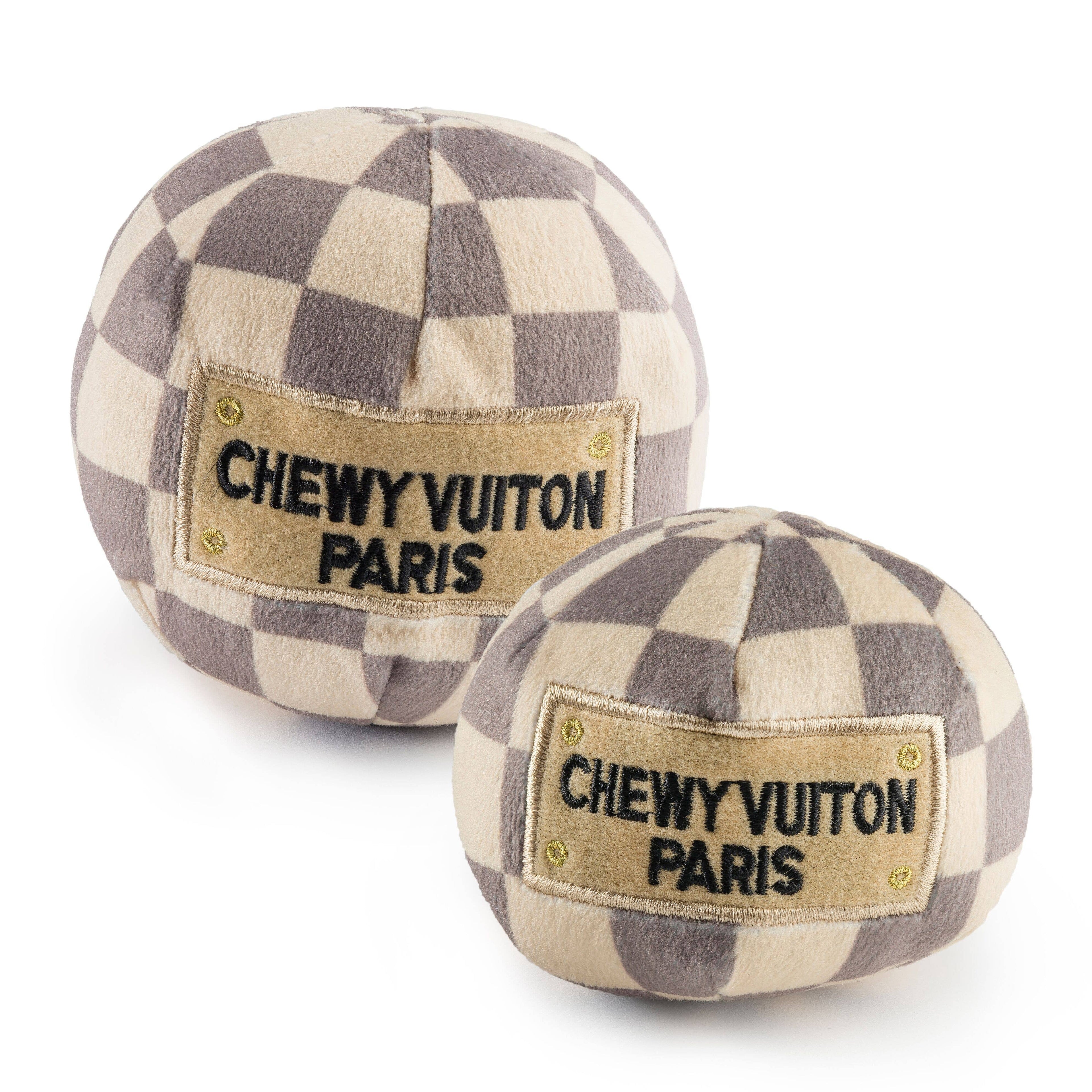 Tan Checker Chewy Vuiton Ball Squeaker Dog Toy: Large
