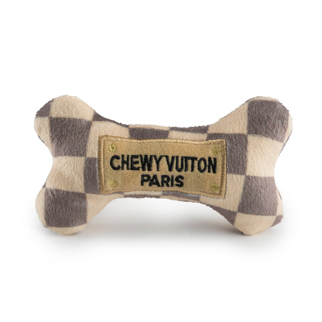 Tan Checker Chewy Vuiton Bones Squeaker Dog Toy: Large