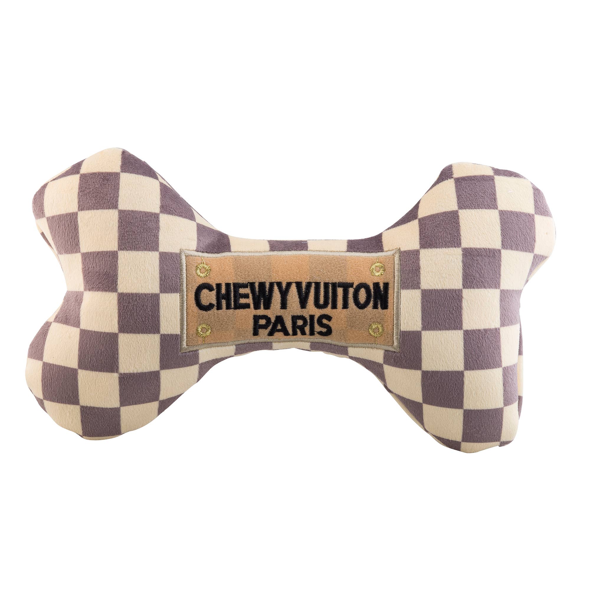 Tan Checker Chewy Vuiton Bones Squeaker Dog Toy: Large
