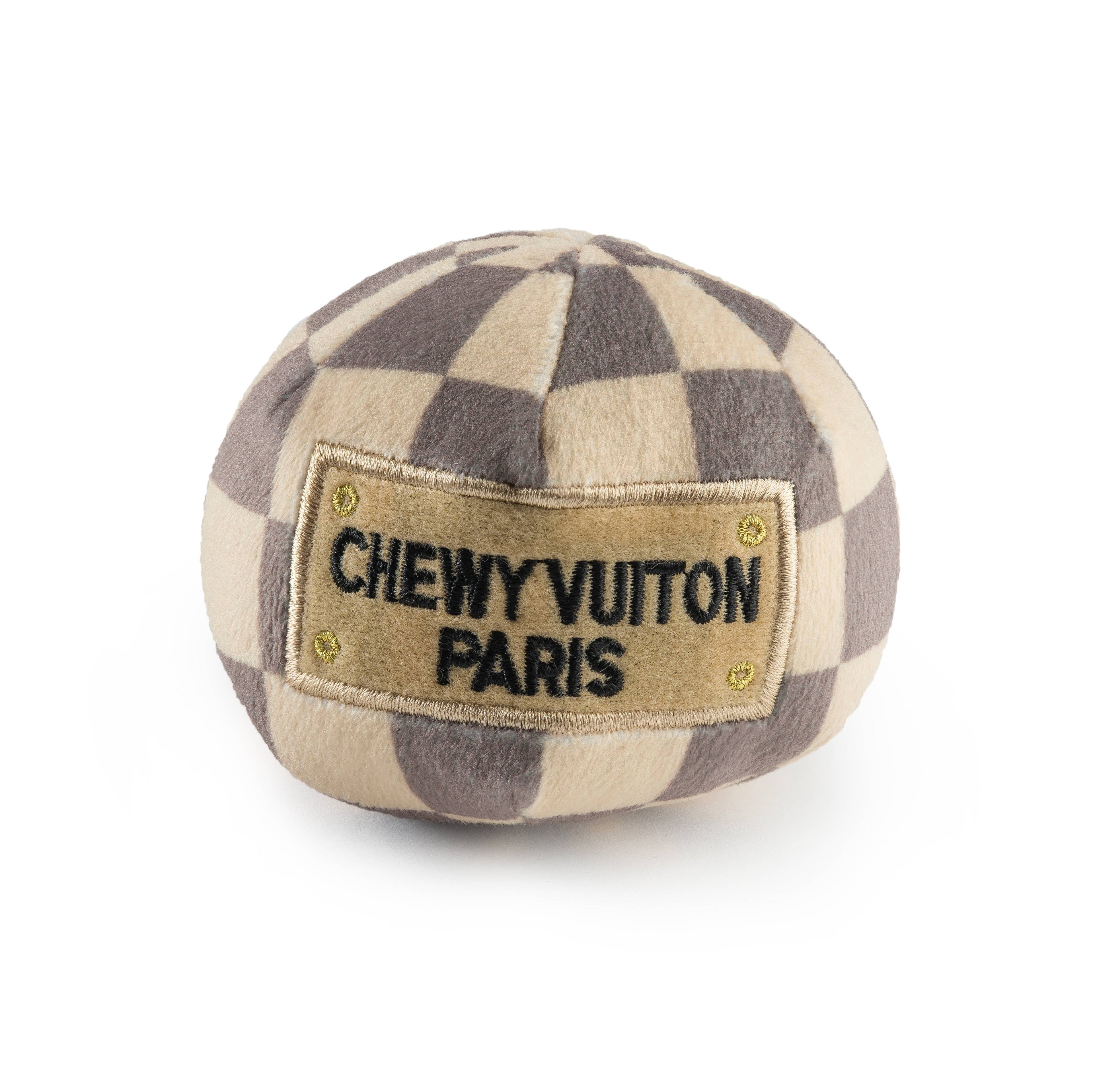 Tan Checker Chewy Vuiton Ball Squeaker Dog Toy: Large