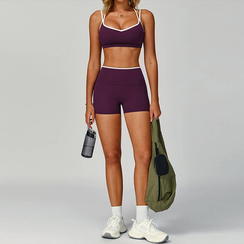 Contrasting Color Sports Bra + High Waist Shorts 2-piece Set