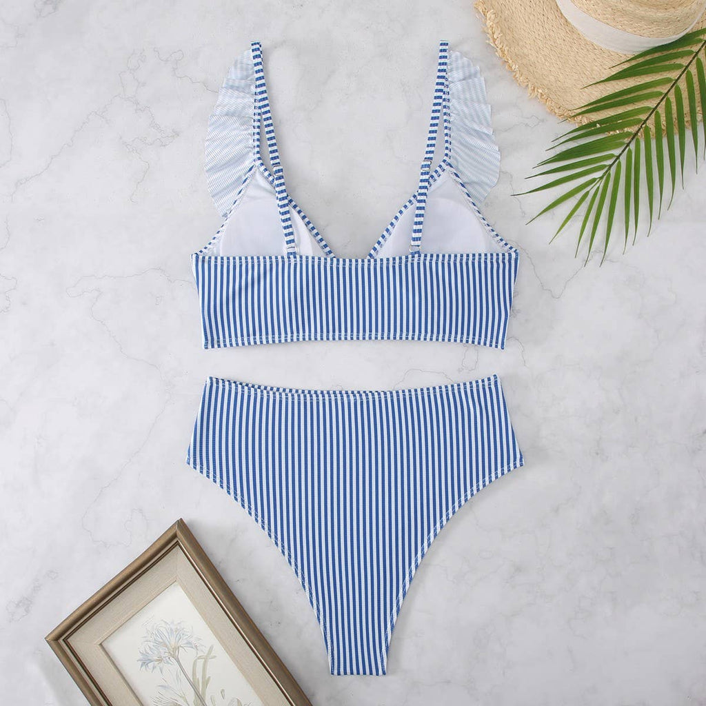 High-Waisted V-Neck Ruffled Bikini Swimsuit_CWMW0200: White / (S) 1