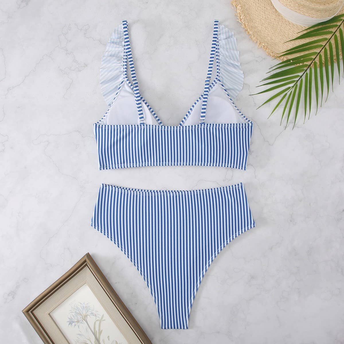 High-Waisted V-Neck Ruffled Bikini Swimsuit_CWMW0200: White / (S) 1