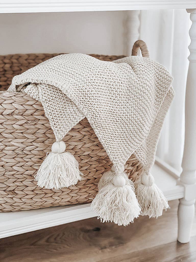 Knit Throw Blanket - Knit Throw Blanket With Tassels | Cozy: Cream