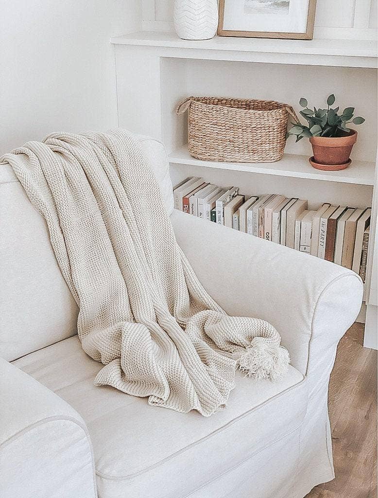 Knit Throw Blanket - Knit Throw Blanket With Tassels | Cozy: Grey