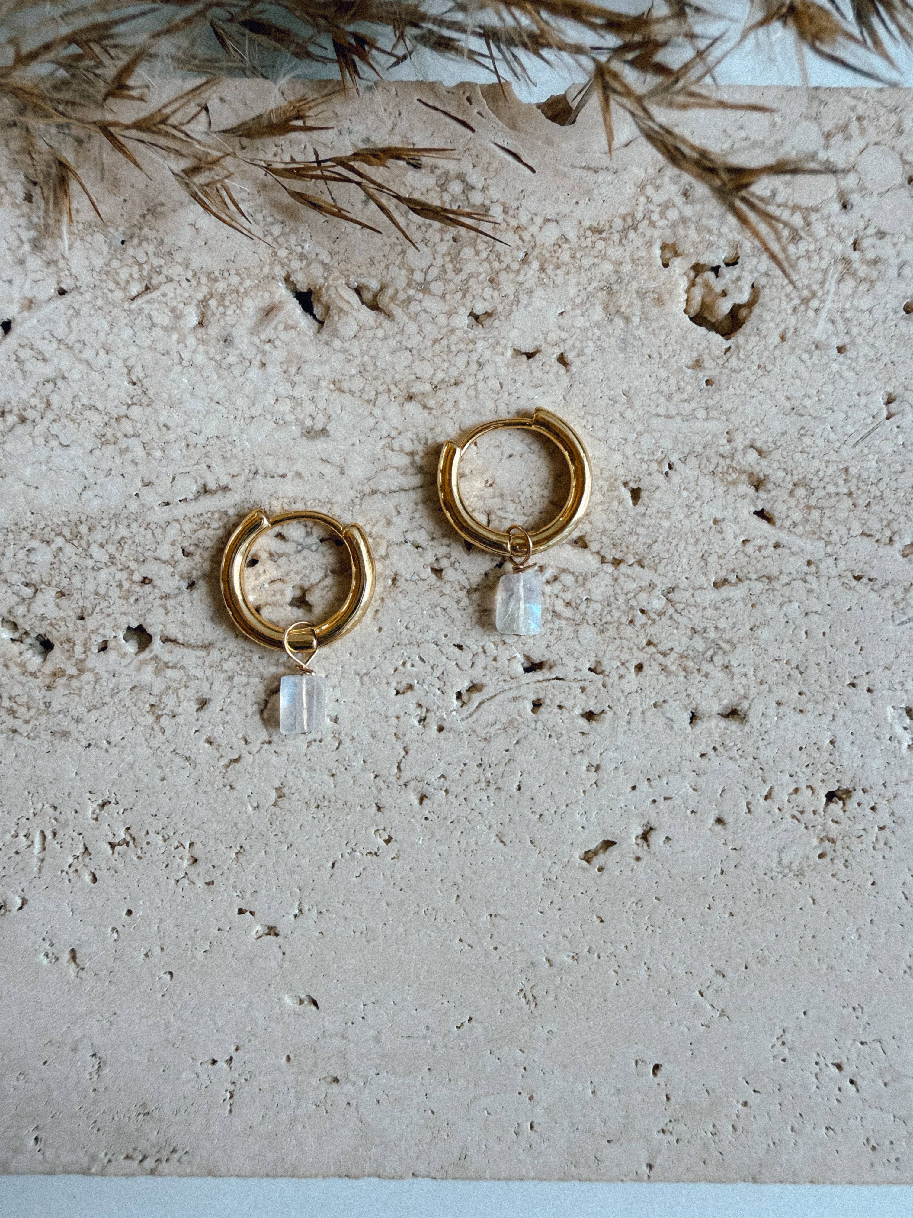 14k Gold Plated Rainbow Moonstone Rectangle Hoop Earrings