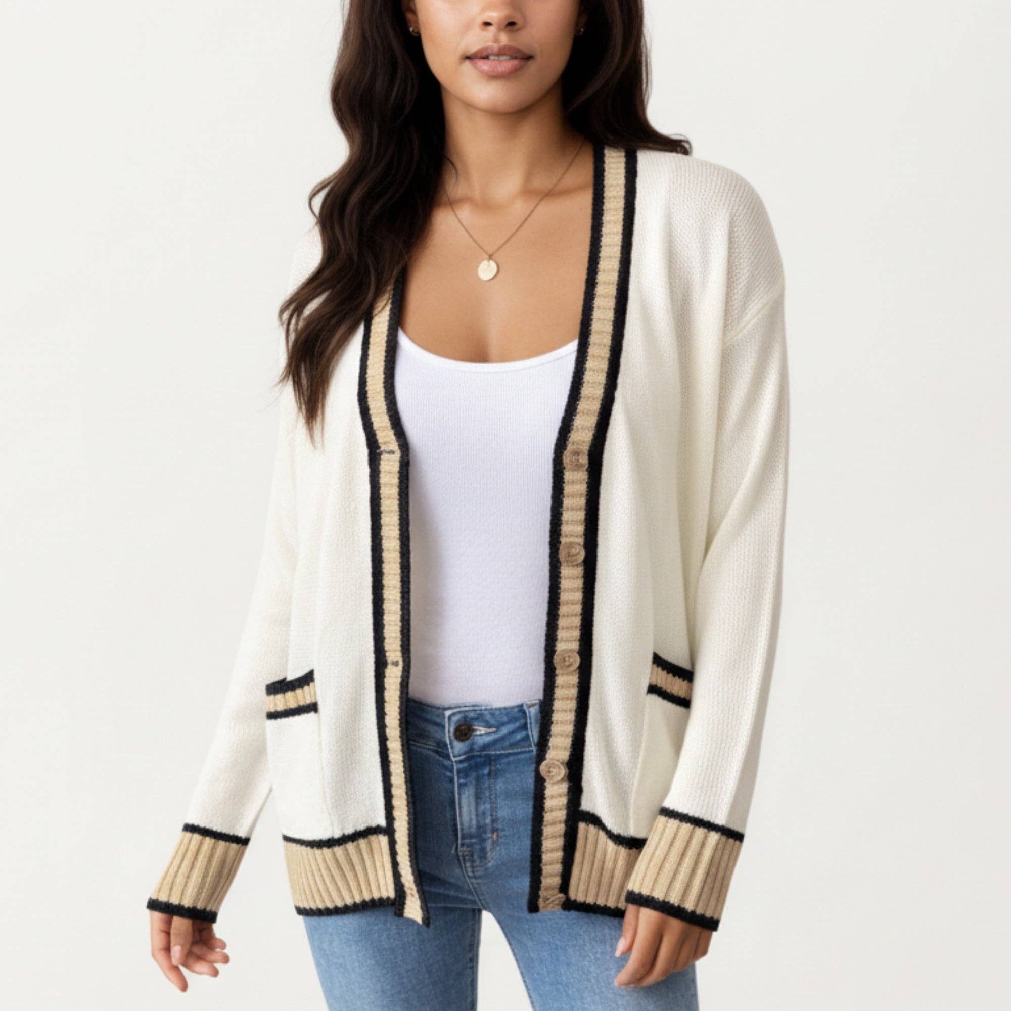 Long Sleeve Button Front Cardigan Top with Contrast Ribbed Trim and Relaxed Fit Open Front Silhouette