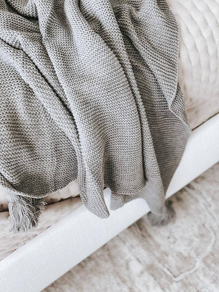 Knit Throw Blanket - Knit Throw Blanket With Tassels | Cozy: Grey