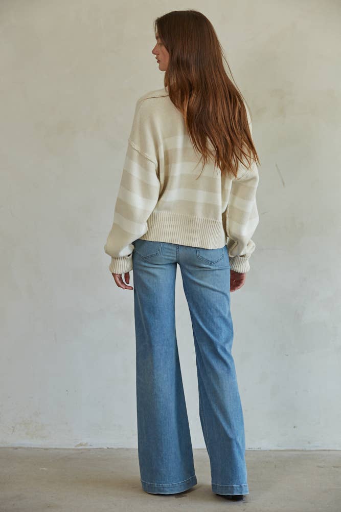 W1537 | Knit Sweater Striped Button Down Cardigan: Cream Olive / L