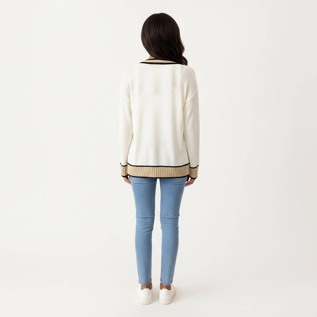 Long Sleeve Button Front Cardigan Top with Contrast Ribbed Trim and Relaxed Fit Open Front Silhouette