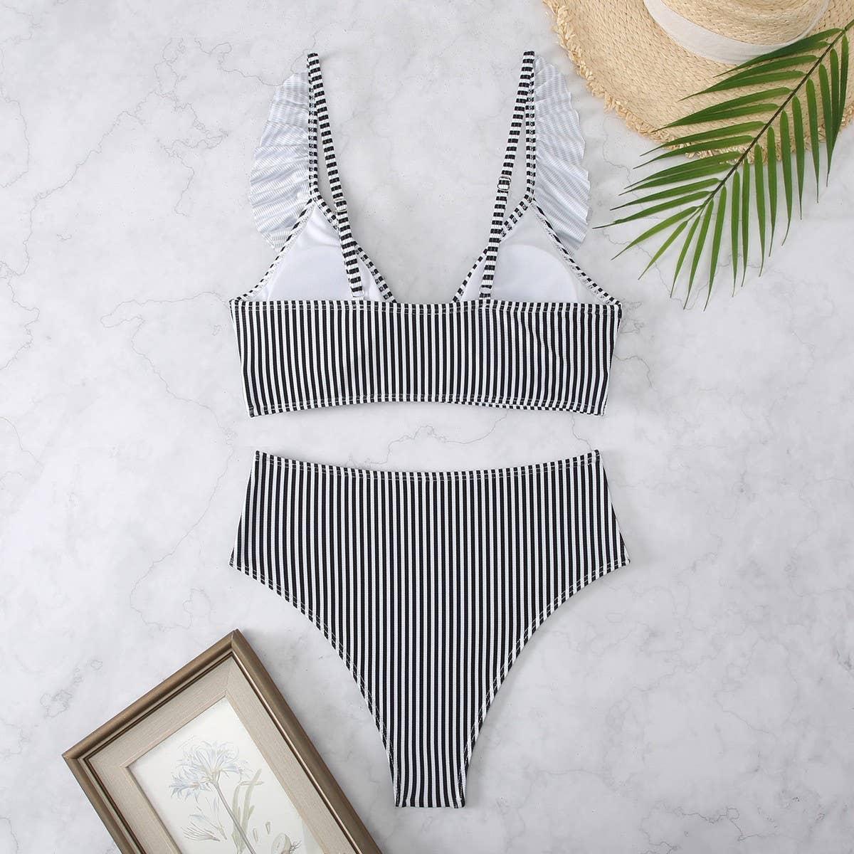 High-Waisted V-Neck Ruffled Bikini Swimsuit_CWMW0200: White / (L) 1