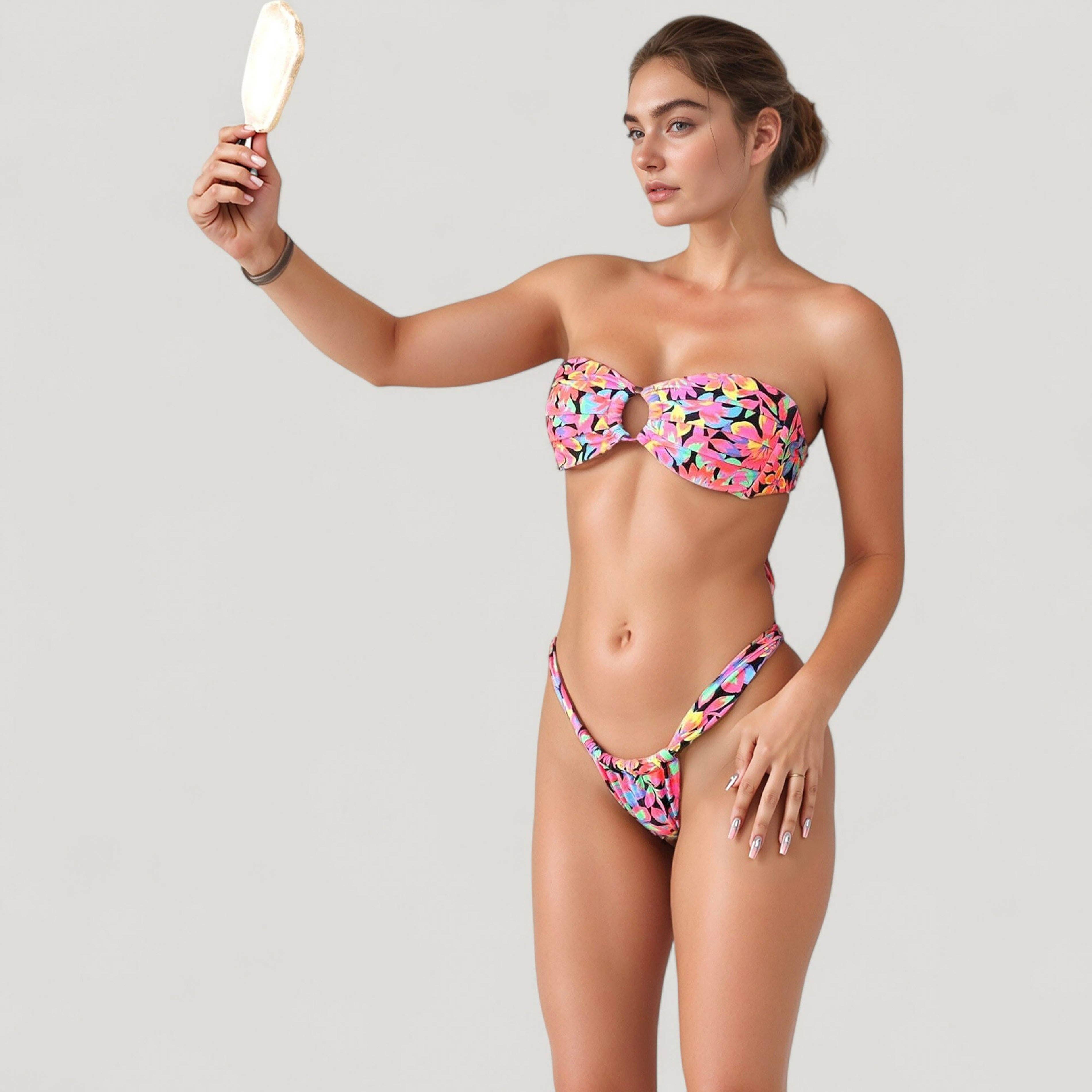 Bandeau Bikini Set with Keyhole Front and High Leg Bottoms