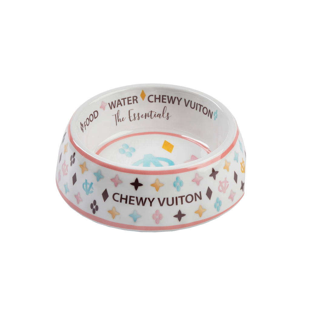 White Chewy Vuiton Dog Bowl - Medium