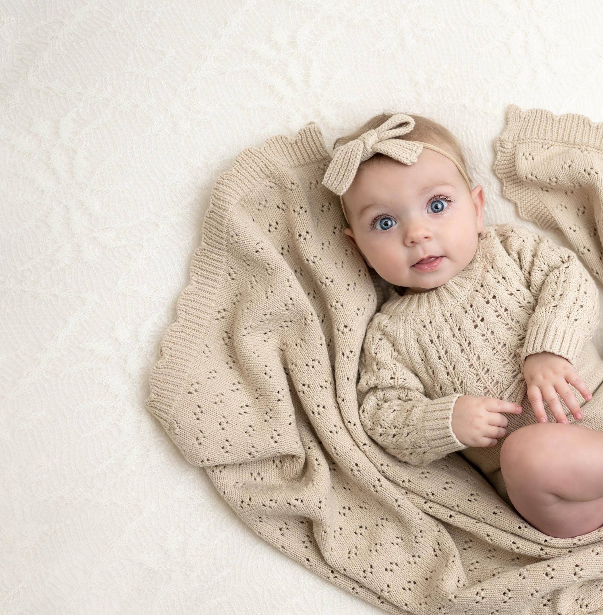 Grace Knitted Cotton Baby Blanket: Mauve