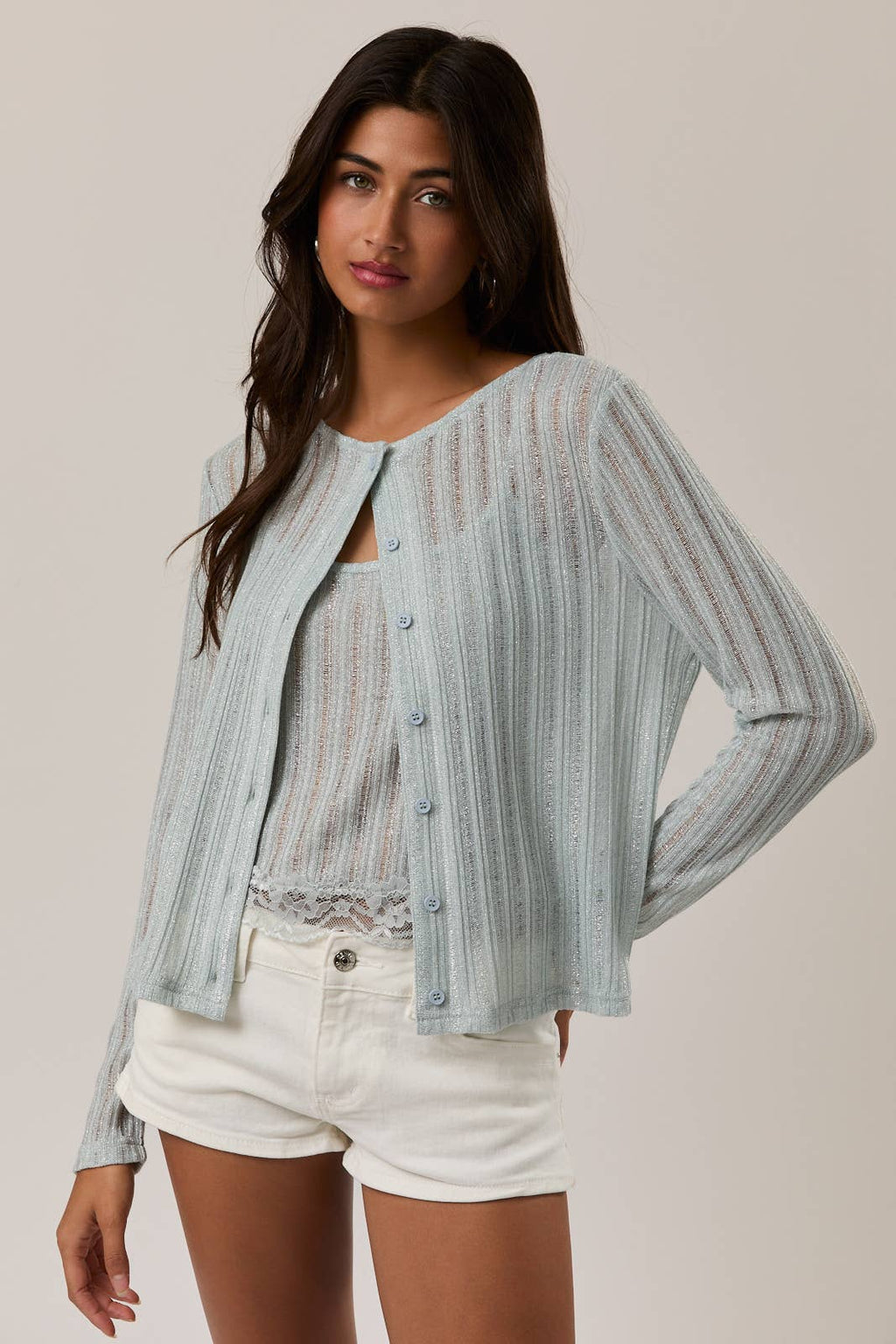ROUND NECK KNIT CARDIGAN: MINT / M