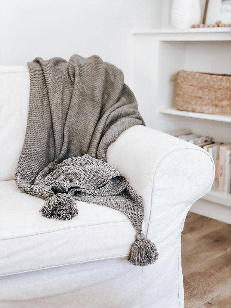 Knit Throw Blanket - Knit Throw Blanket With Tassels | Cozy: Cream