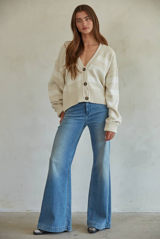 W1537 | Knit Sweater Striped Button Down Cardigan: Cream Olive / L