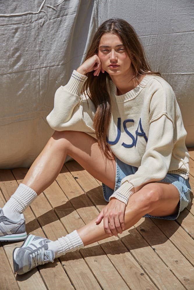 Knit Sweater Pullover Top With Embroidered "USA"