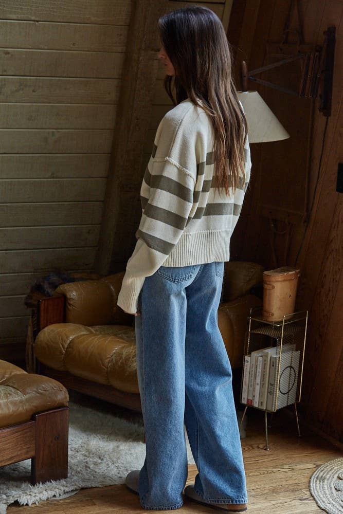 W1537 | Knit Sweater Striped Button Down Cardigan: Cream Olive / L