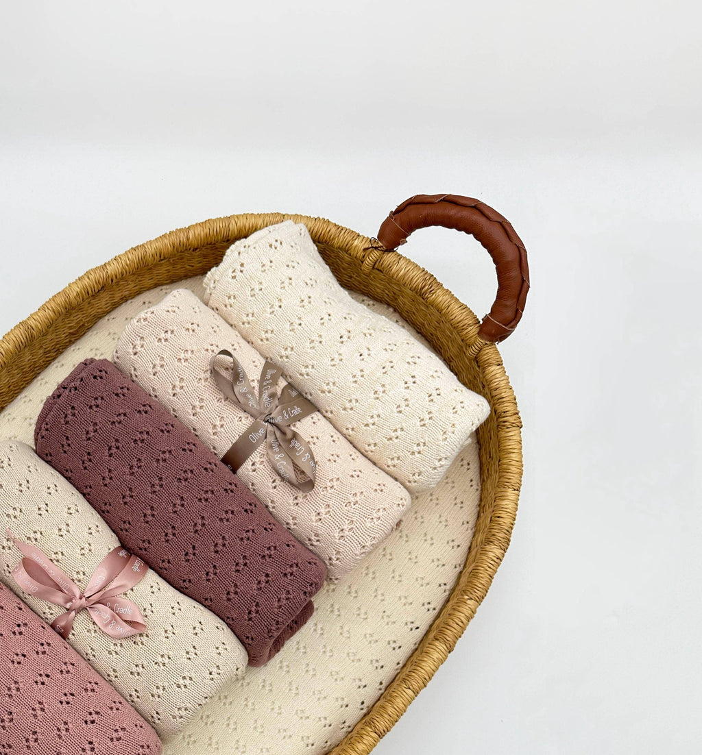Grace Knitted Cotton Baby Blanket: Mauve