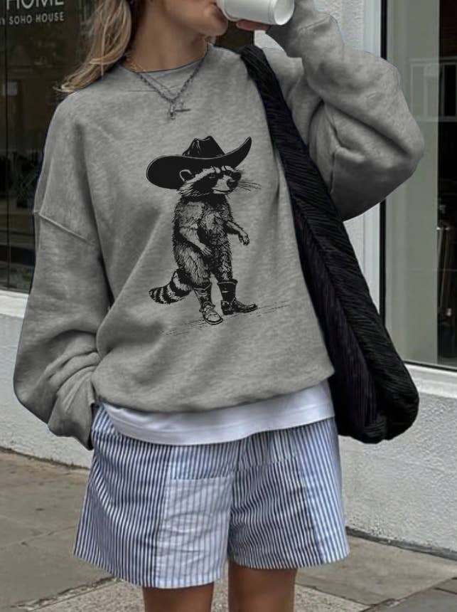 Southern Cowboy Spirit Raccoon print crew sweatshirt