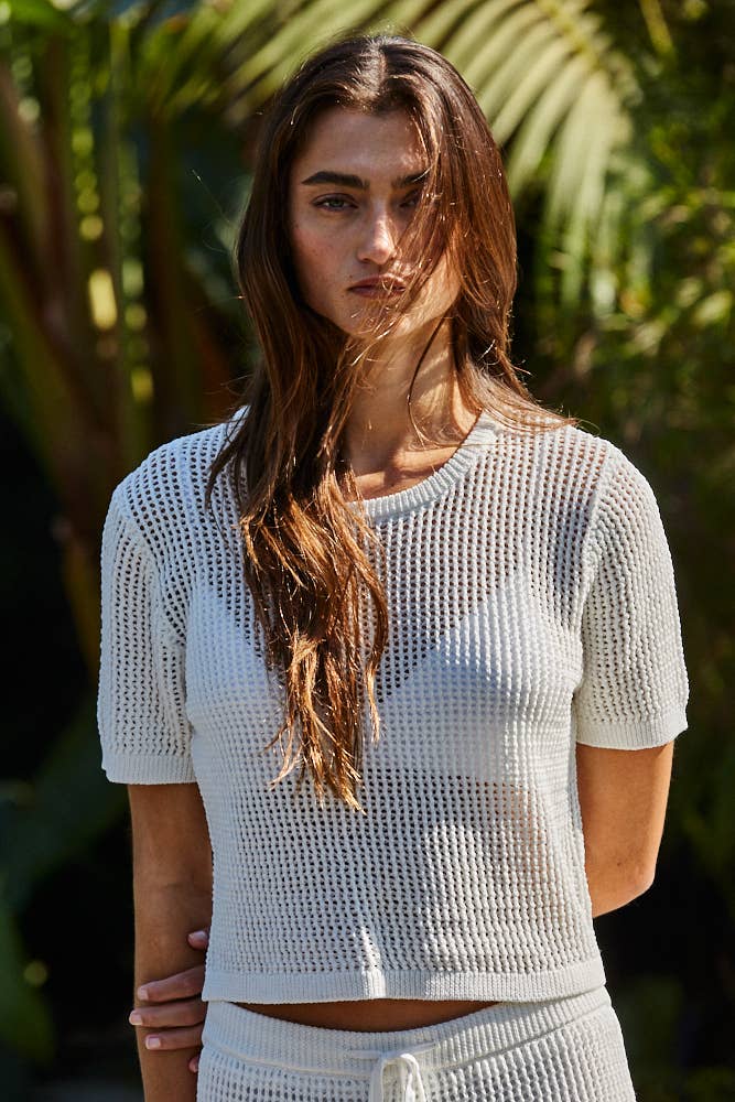 Knit Sweater Viscose Nylon See Through Crew Neck Top