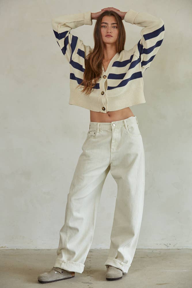 W1537 | Knit Sweater Striped Button Down Cardigan: Cream Olive / S