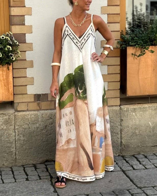 Unique Ink Landscape Print White Slip Maxi Dress