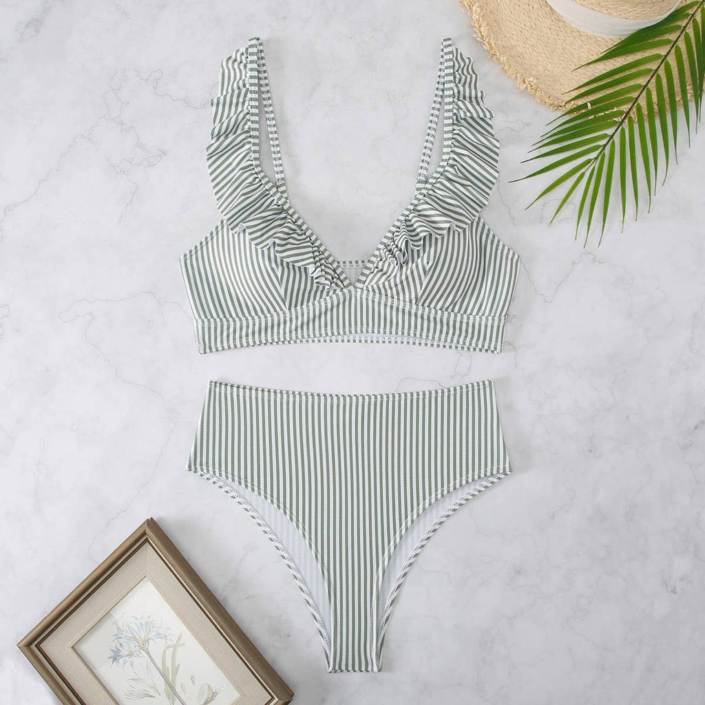 High-Waisted V-Neck Ruffled Bikini Swimsuit_CWMW0200: White / (S) 1