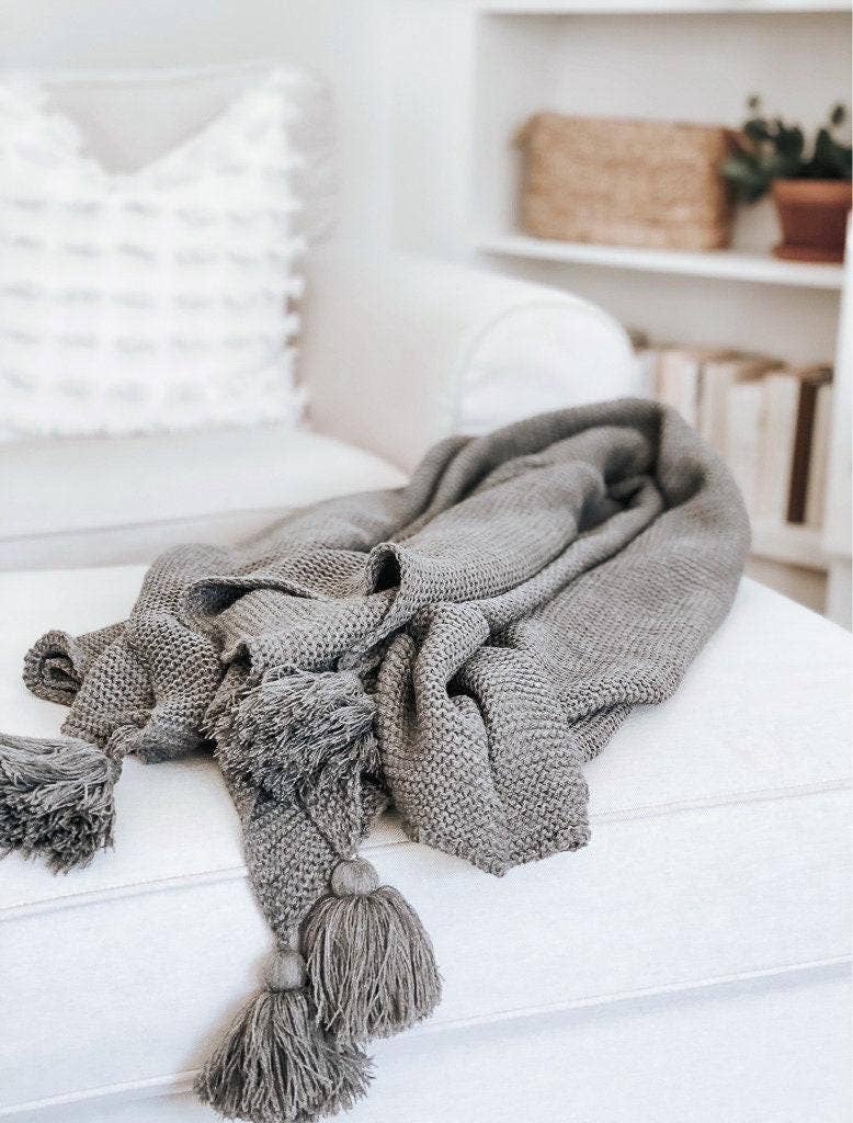 Knit Throw Blanket - Knit Throw Blanket With Tassels | Cozy: Cream