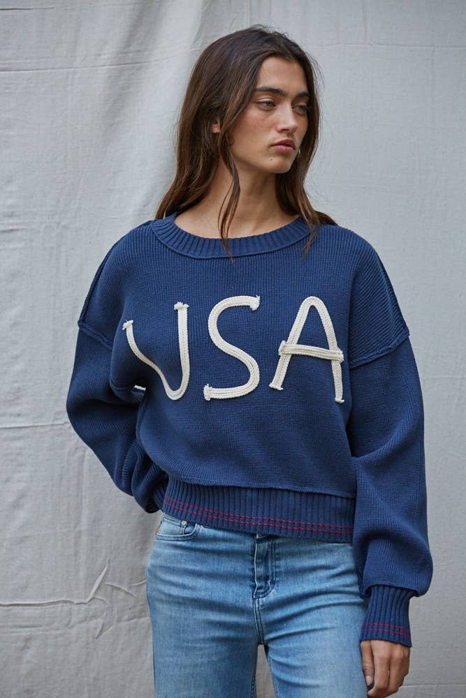 W2119 | Knit Sweater Pullover Top With Embroidered "USA" Let: Navy / L