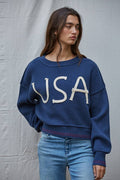 Knit Sweater Pullover Top With Embroidered "USA"