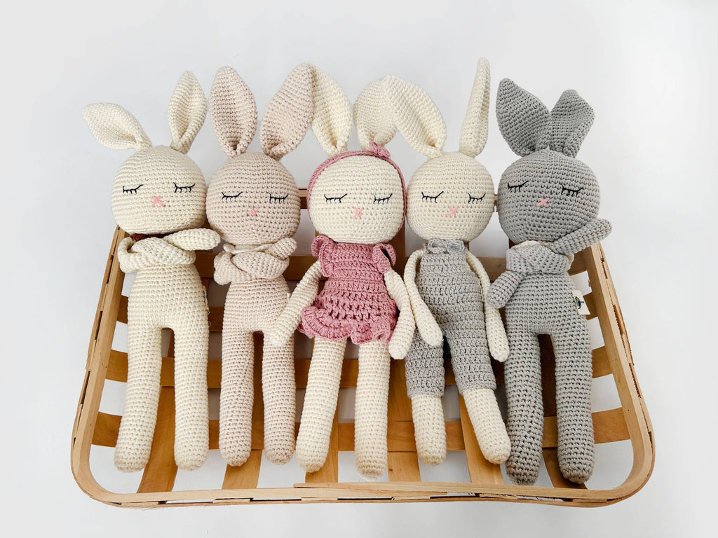 Sleepy Crochet Bunny Doll Standing Ears: Boy bunny Doll w/Gray Pants