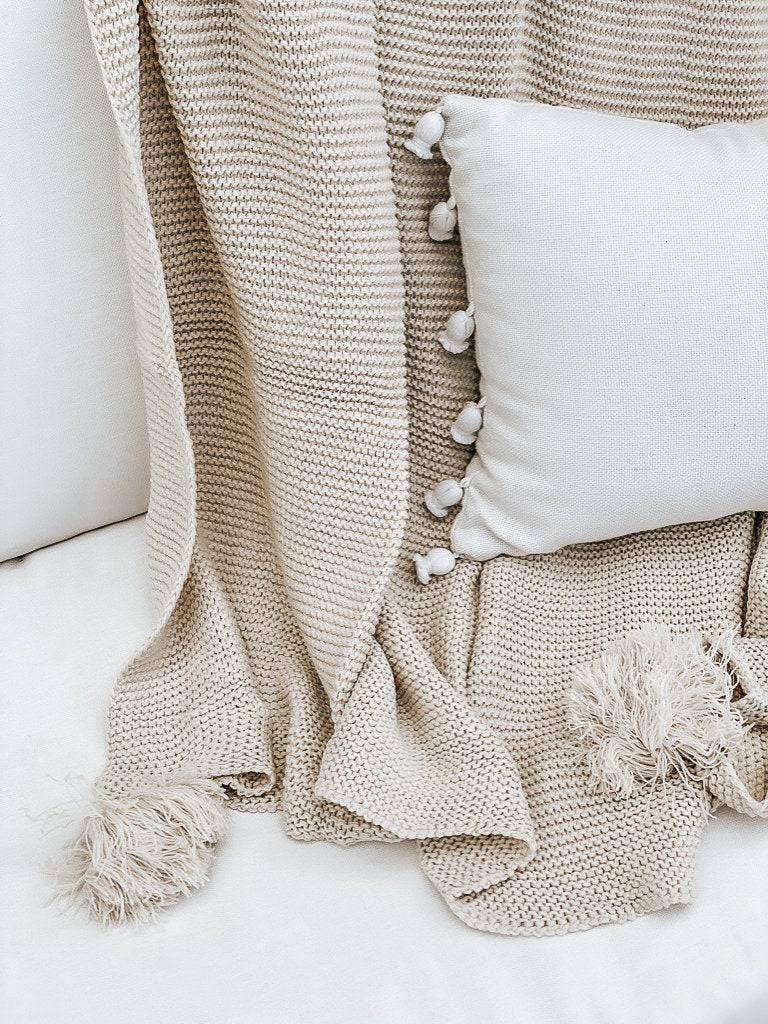 Knit Throw Blanket - Knit Throw Blanket With Tassels | Cozy: Cream
