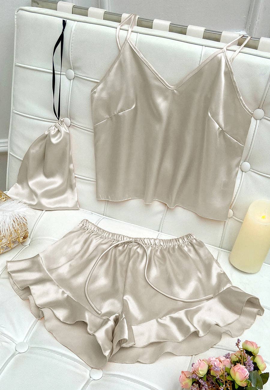Satin Tank and Ruffle Hem Shorts: Pink