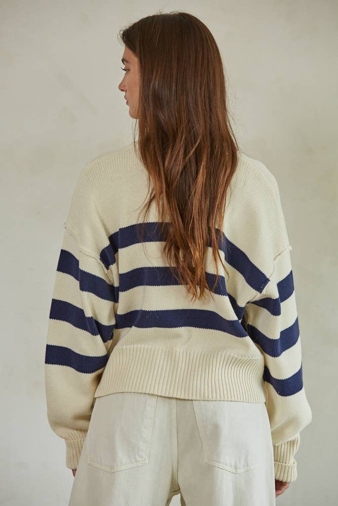 W1537 | Knit Sweater Striped Button Down Cardigan: Cream Olive / S