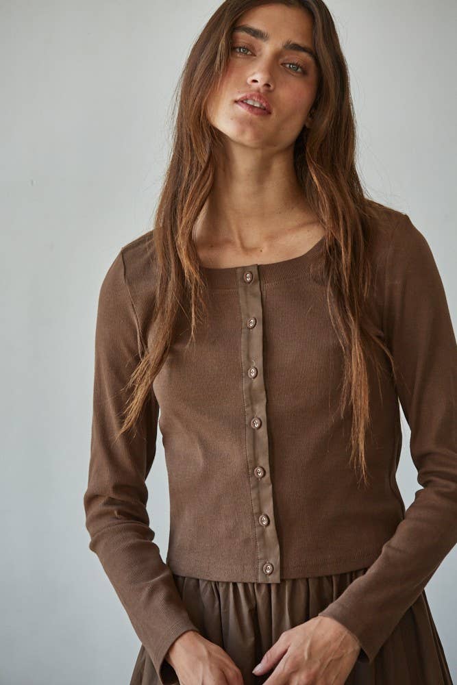 Knit Cotton Spandex Ribbed 3/4 Sleeve Cardigan