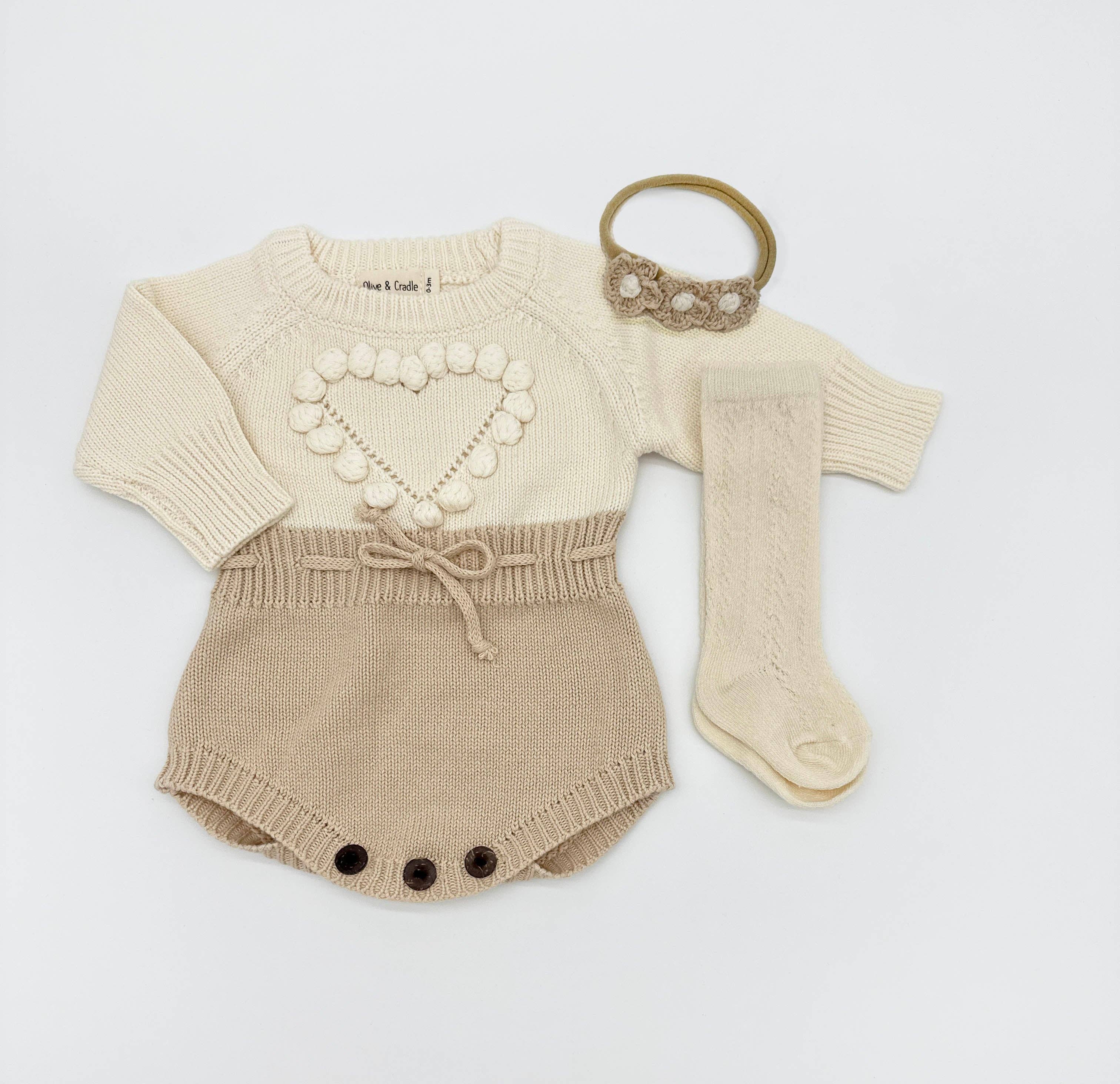 Cream Heart Romper Set: 2pc Romper +Bow