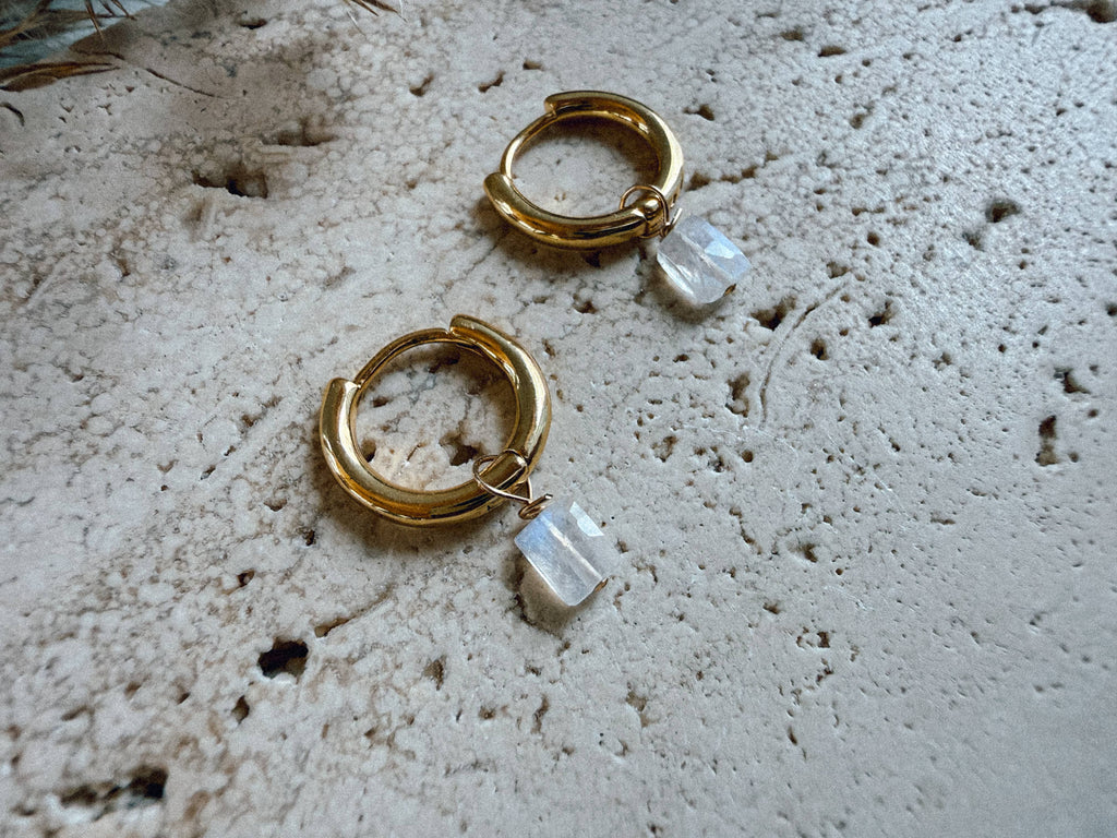 14k Gold Plated Rainbow Moonstone Rectangle Hoop Earrings