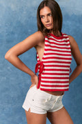 SLEEVELESS BOAT NECK SIDE TIE STRIPE SWEATER TOP: RED-WHITE STRIPE / M