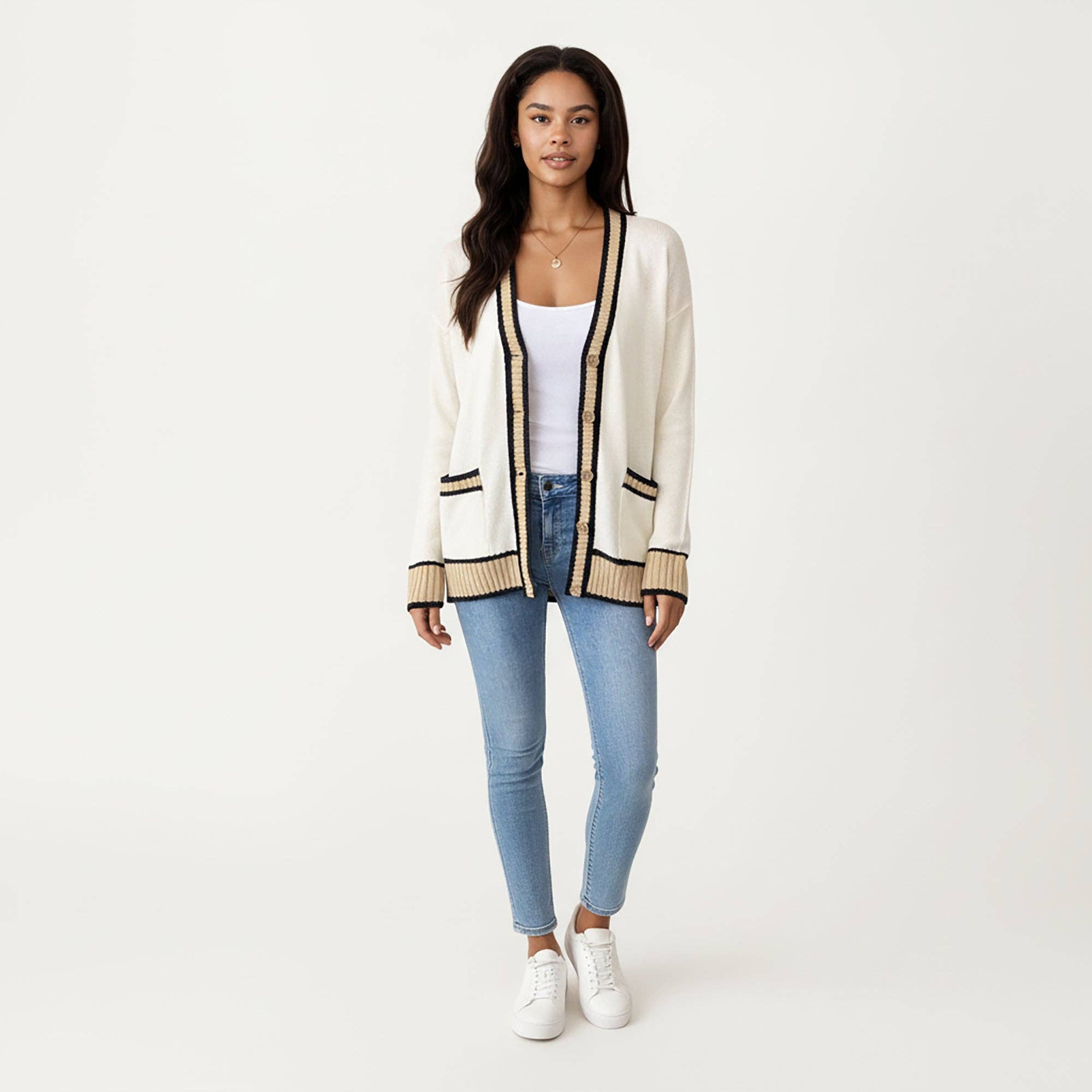 Long Sleeve Button Front Cardigan Top with Contrast Ribbed Trim and Relaxed Fit Open Front Silhouette