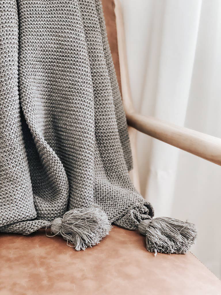Knit Throw Blanket - Knit Throw Blanket With Tassels | Cozy: Grey