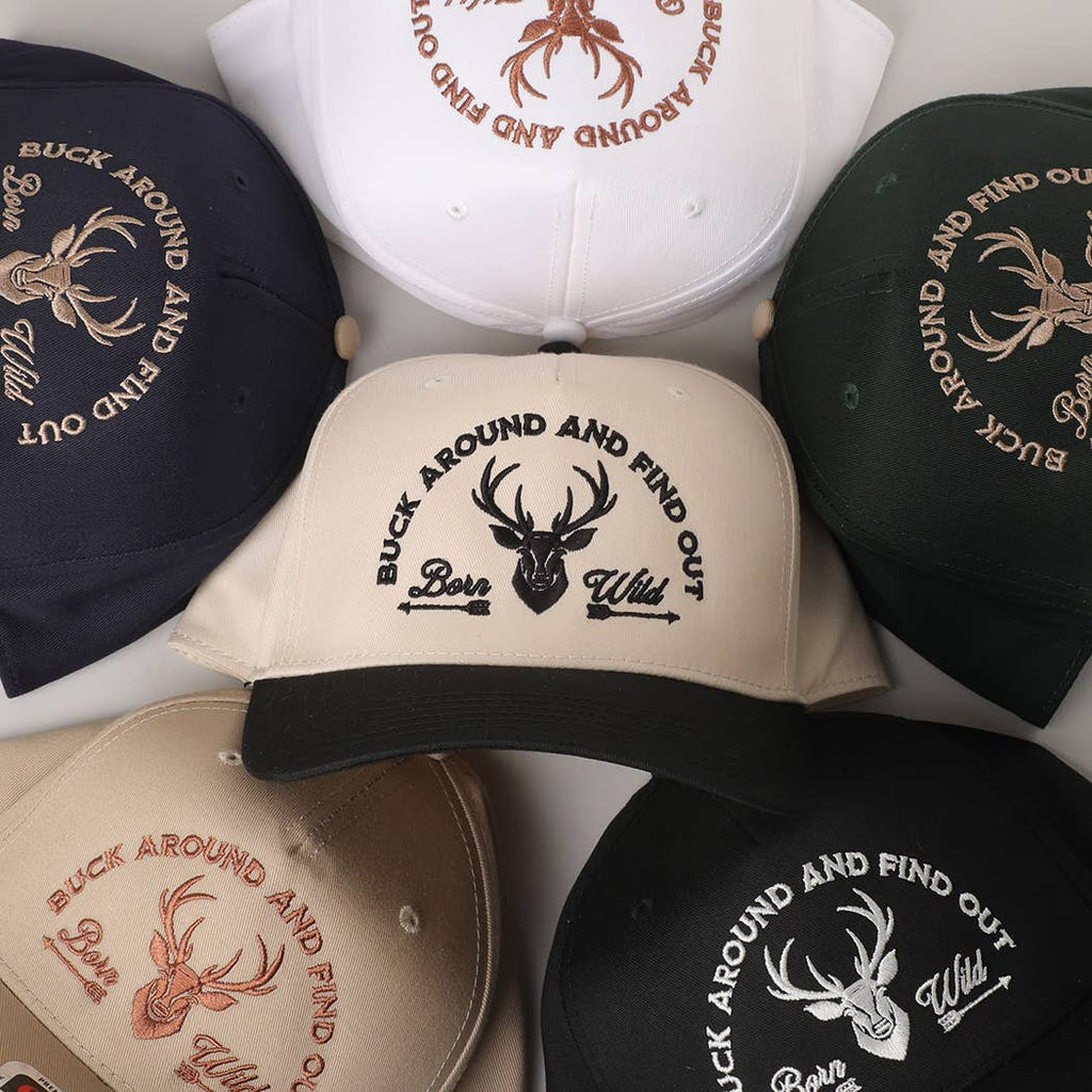 Buck Around And Find Out Embroidered Trucker Hat: BLK/NATL / One Size