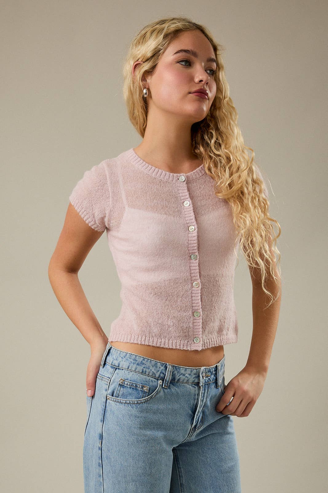 SHORT SLEEVE CREW NECK SHEER TOP: LT PINK / M