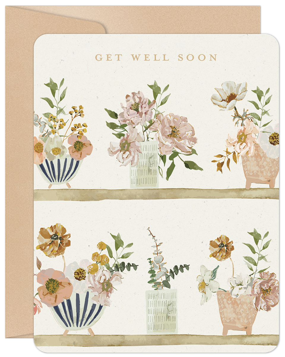Get Well Soon Flower Arrangements on Shelf Get Well Card